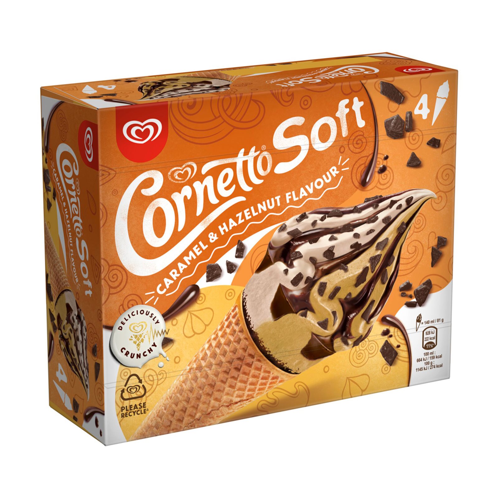 image of CORNETTO Soft Παγωτό Πύραυλος Caramel & Hazelnut 4τεμ 324gr (560ml)