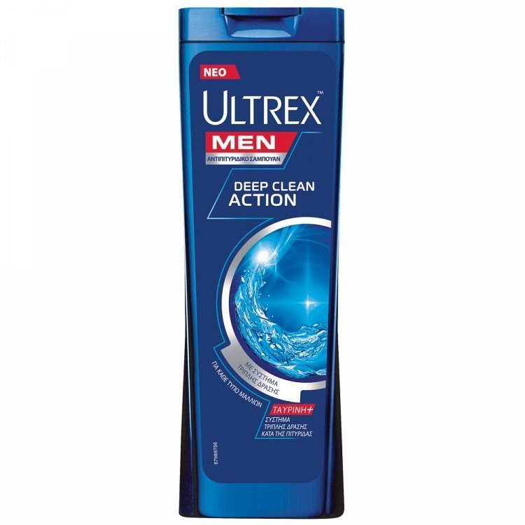 image of ULTREX Men Σαμπουάν Αντιπιτυριδικό Deep Clean Action για Όλους τους Τύπους Μαλλιών 360ml