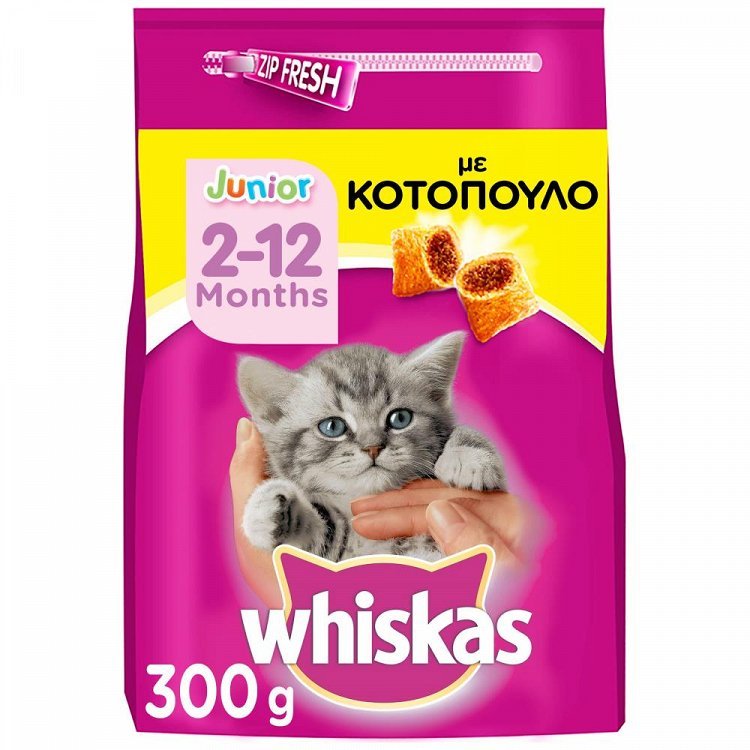 image of WHISKAS Ξηρά Τροφή Junior 2-12μηνών Κροκέτες Γεμιστές με Κοτόπουλο 300gr