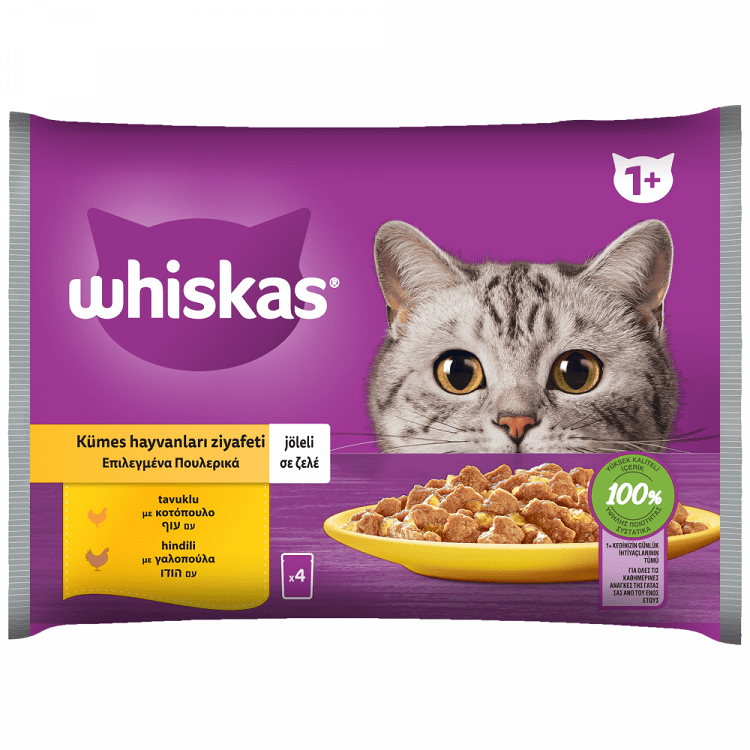 image of WHISKAS Υγρή Τροφή Γάτας 1+ετών Επιλεγμένα Πουλερικά σε Ζελέ 4x85gr