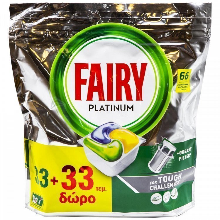 image of FAIRY Platinum Απορρυπαντικό Πλυντηρίου Πιάτων Ταμπλέτες Λεμόνι 33τεμ +33τεμ Δώρο