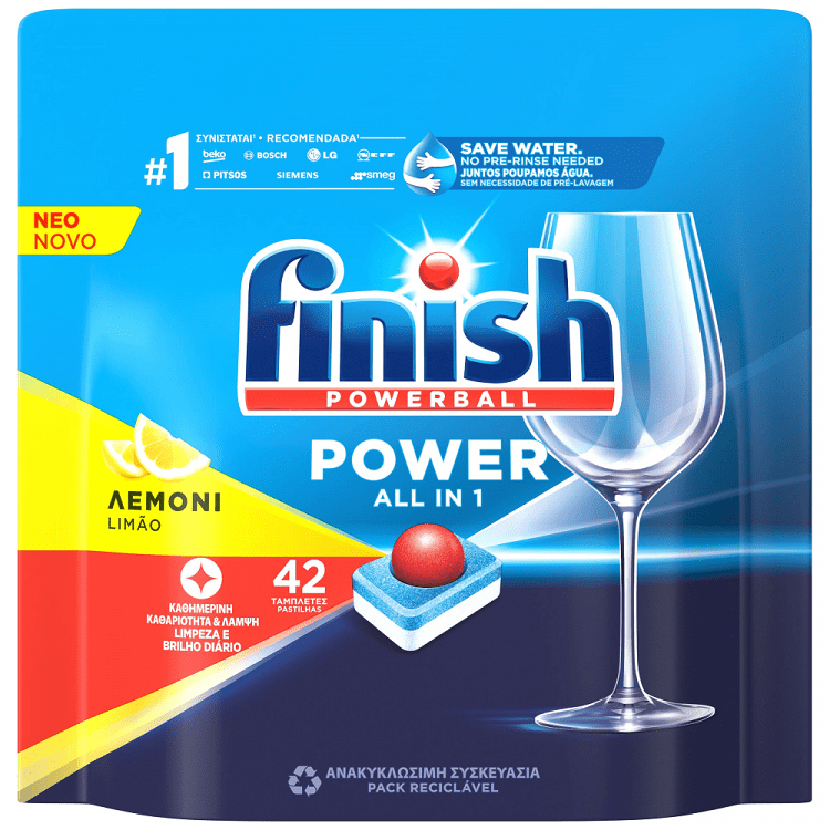 image of Finish All In 1 Max Powerball Ταμπλέτες Πλυντηρίου Πιάτων Λεμόνι 42τεμ