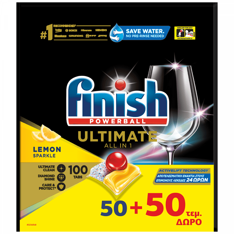 image of FINISH | Κάψουλες Πλυντηρίου Πιάτων Ultimate Λεμόνι 50+50 Tεμάχια Δώρο