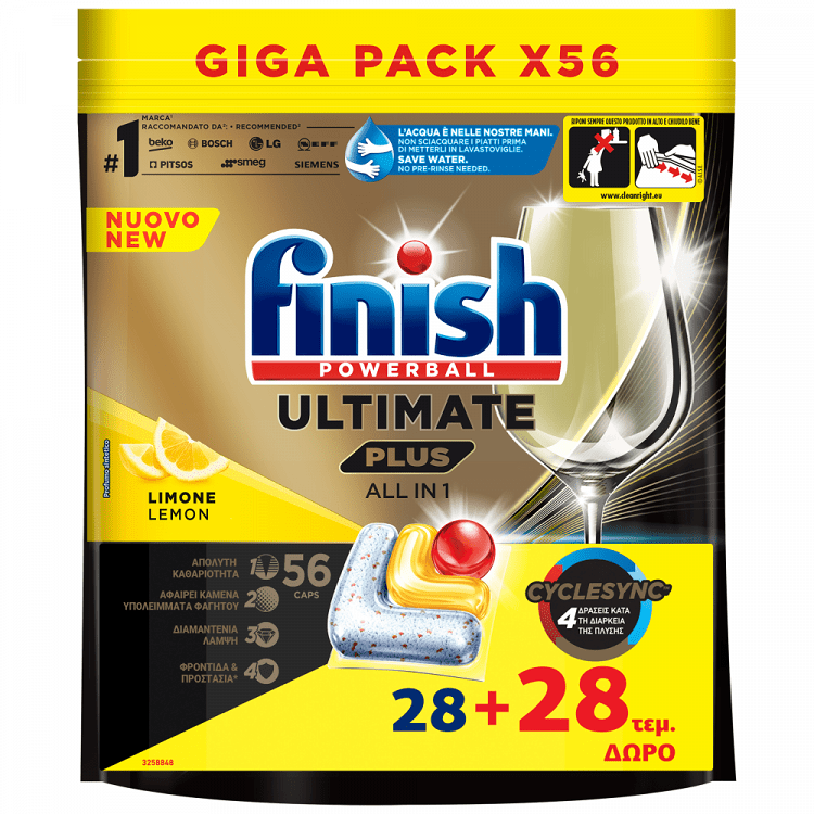 image of FINISH | Κάψουλες Πλυντηρίου Πιάτων Ultimate Plus Allin1 Λεμόνι 28+28 Τεμάχια Δώρο