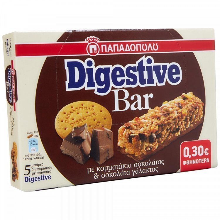 image of ΠΑΠΑΔΟΠΟΥΛΟΥ Digestive Bar Μπάρες Δημητριακών με Κομματάκια Σοκολάτας Γάλακτος 5x28gr