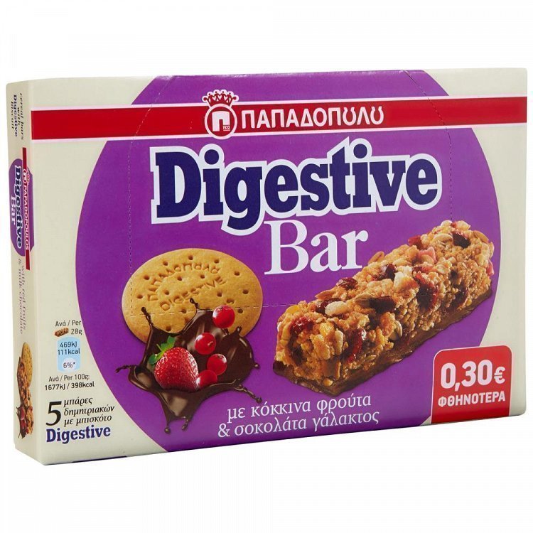 image of ΠΑΠΑΔΟΠΟΥΛΟΥ Digestive Bar Μπάρες Δημητριακών με Κόκκινα Φρούτα & Σοκολάτα Γάλακτος 5x28gr