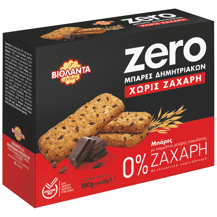 image of ΒΙΟΛΑΝΤΑ Zero Μπάρες Δημητριακών με Κομμάτια Μαύρης Σοκολάτας Χωρίς ζάχαρη 6x30gr