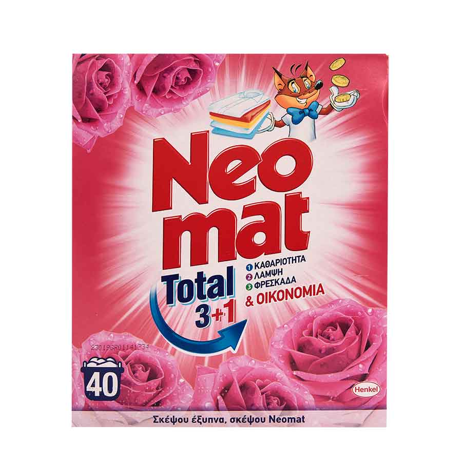 image of Neomat Total Σκόνη Απορρυπαντικό Πλυντηρίου Ρούχων Άγριο Τριαντάφυλλο 40mez. 2kg.