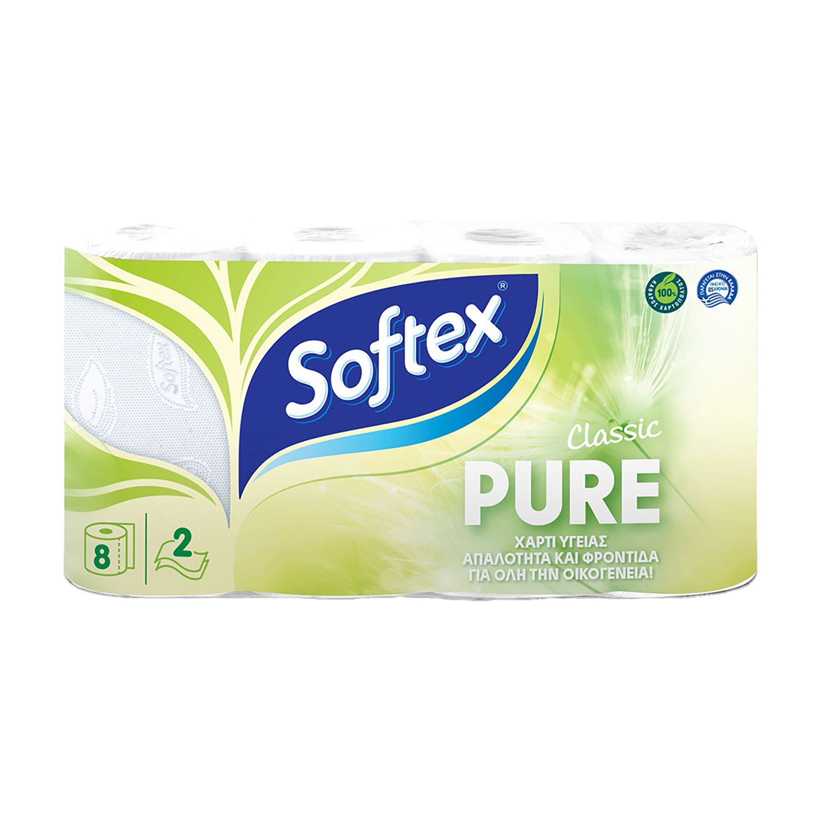 image of SOFTEX Classic Pure Χαρτί Υγείας 2 Φύλλων 8τεμ 496gr