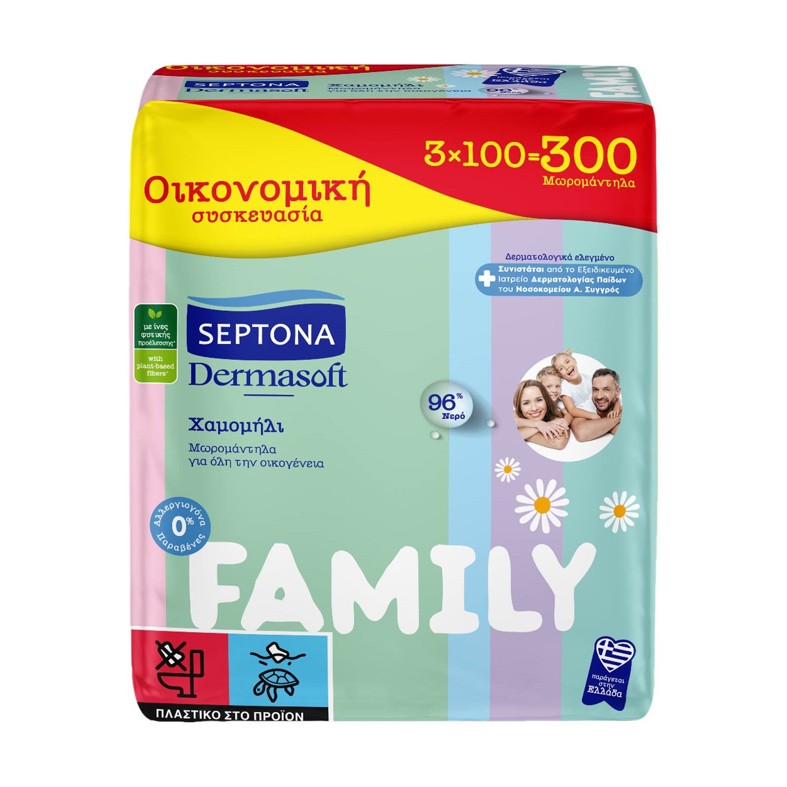 image of SEPTONA Family Μωρομάντιλα Dermasoft Χαμομήλι 3x100τεμ