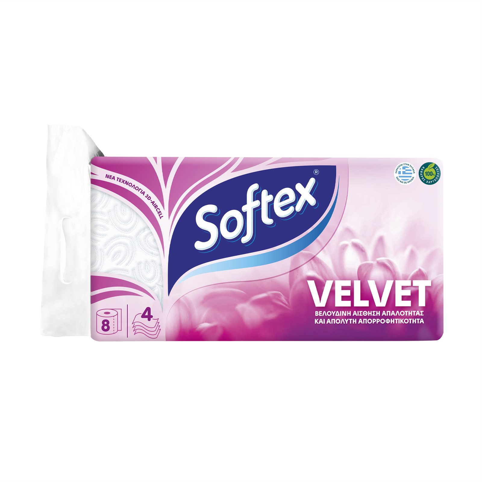 image of SOFTEX Velvet Χαρτί Υγείας 4 Φύλλων 8τεμ 824gr