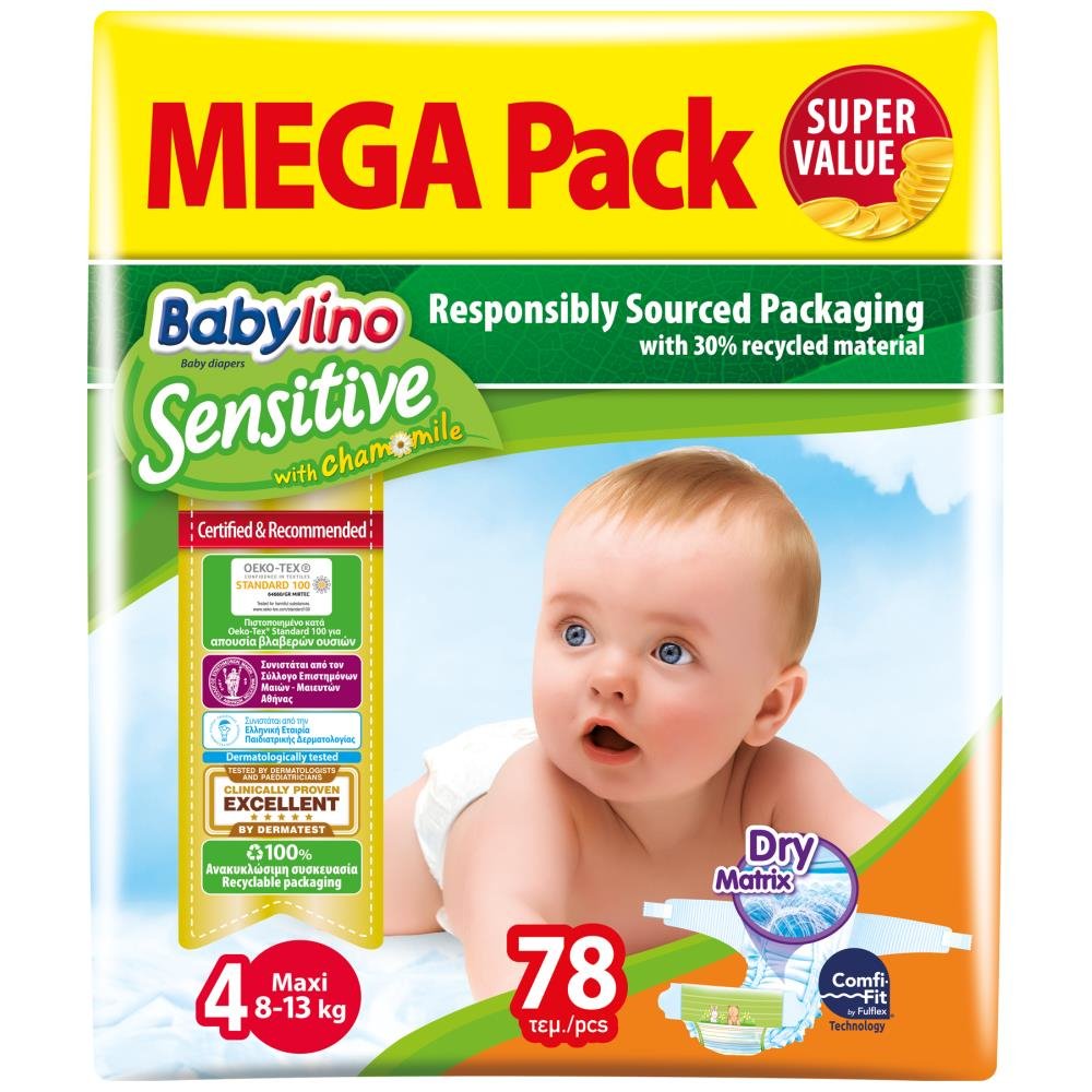 image of Babylino Sensitive Πάνες Maxi Νο4 (8-13kg) Mega Pack (78τεμ)