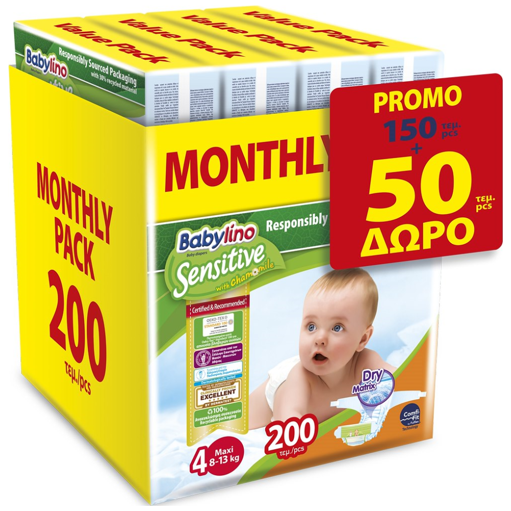 image of Babylino Sensitive Monthly Maxi N.4 150τεμ+50τεμ Δώρο