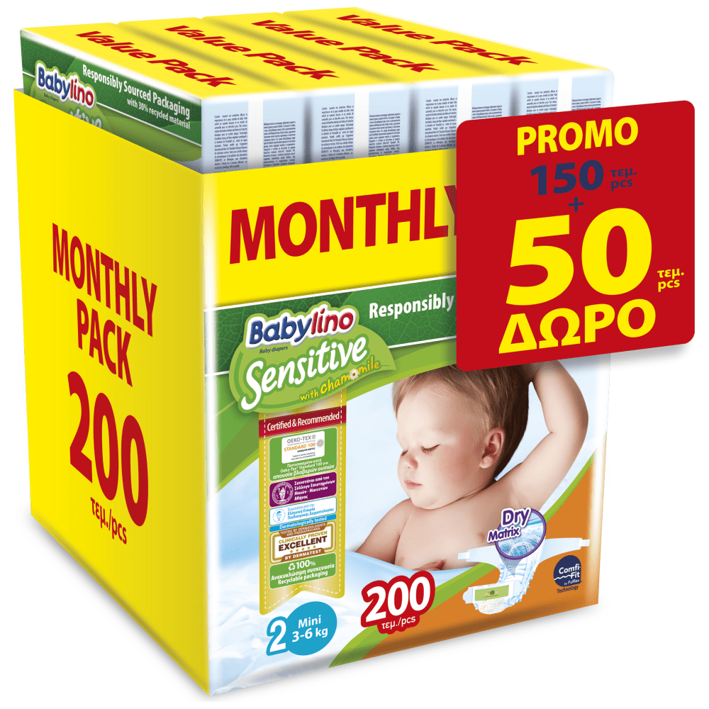 image of Babylino Sensitive Monthly Mini N.2 (3-6kg) 150τεμ+50τεμ Δώρο