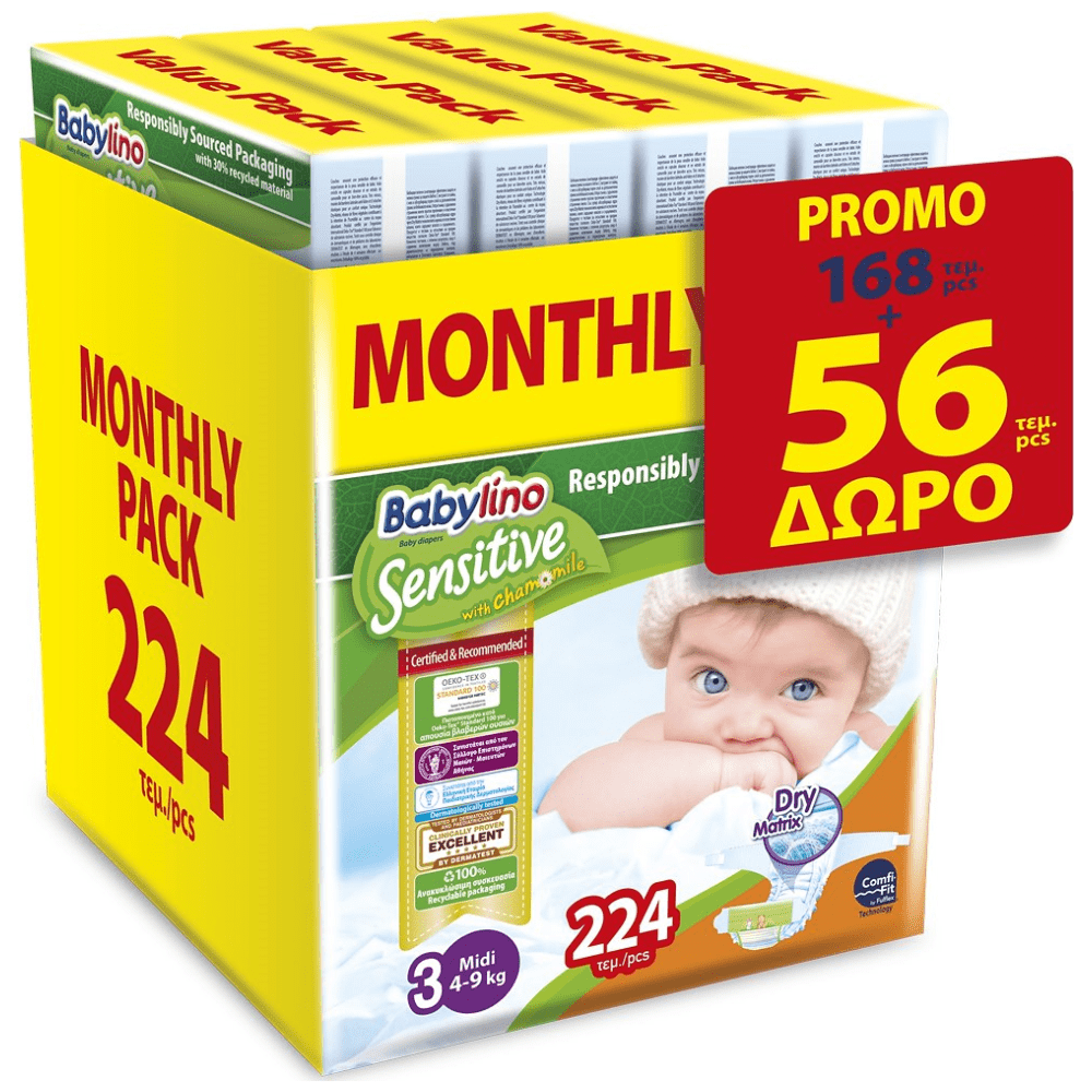 image of Babylino Sensitive Πάνες Monthly 168+56τεμ Δώρο) Νο 3 (4-9Kg)