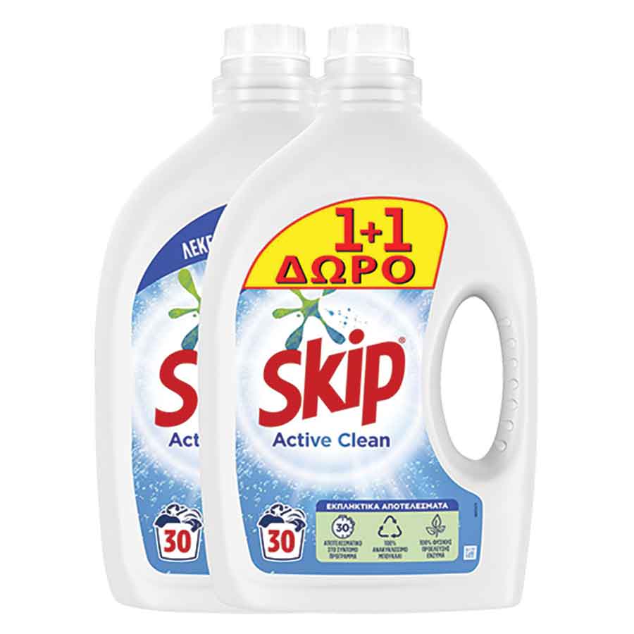 image of Skip Απορρυπαντικό Υγρό Active Clean 30μεζ 1+1 Δώρο